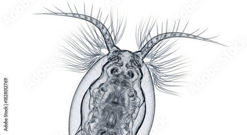 Close up microscopic image of a copepod crustacean with feathery antennae
