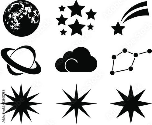 Celestial Icon Collection Stars, Planets, Constellations, and a Black and White Moon