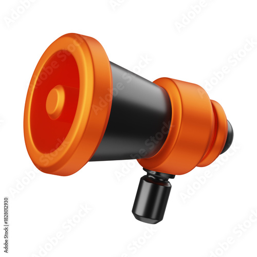 Vibrant 3D rendered megaphone illustration, featuring striking orange and black design, perfect for conveying announcements, marketing messages, and urgent communication with modern visual appeal