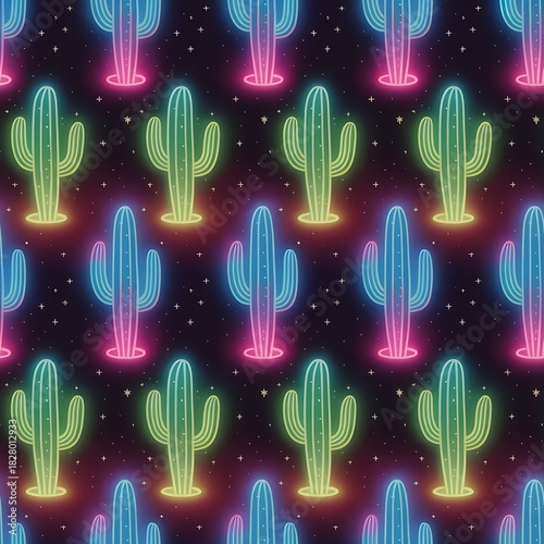 Vibrant neon cactus pattern with glowing lights on a dark starry background