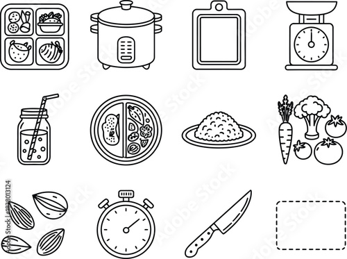 Kitchen Utensils and Food Ingredients Line Art Icons Cooking and Nutrition Graphics