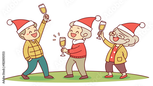 "An elderly couple in cartoon form, wearing Christmas hats, smiling and raising champagne glasses outdoors, in a cheerful and colorful style, isolated on a white background."