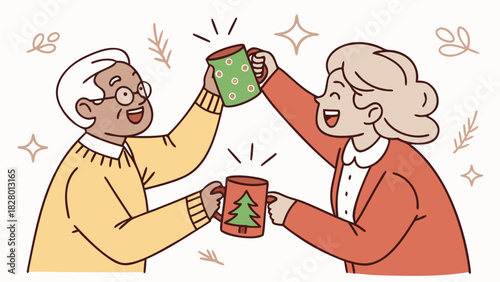"An elderly couple in a cartoon making a toast with decorated Christmas mugs, a warm and cheerful atmosphere, isolated on a white background."