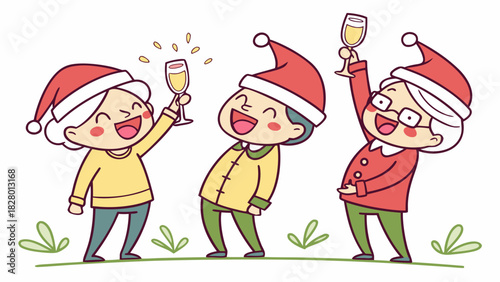 "An elderly couple in cartoon form, wearing Christmas hats, smiling and raising champagne glasses outdoors, in a cheerful and colorful style, isolated on a white background."