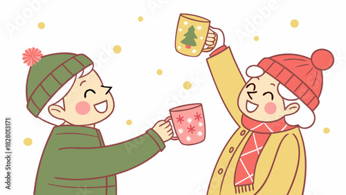 "An elderly couple in a cartoon making a toast with decorated Christmas mugs, a warm and cheerful atmosphere, isolated on a white background."