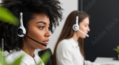 Empathetic Support in Service: Focused on a mission of excellence, two dedicated professionals wearing headsets provide committed assistance and support, building connections with care.