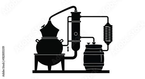 Distillery equipment silhouette still condenser and barrel for alcohol production