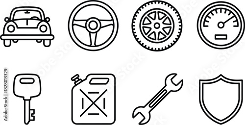 Collection of automotive outline icons for car service and transportation concepts, featuring symbols for vehicles, maintenance, and driving elements for interface design