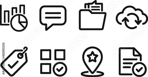 Essential business icon set featuring thin line symbols for data analytics, cloud storage, task management, and communication for modern web design