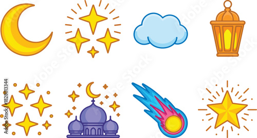 Collection of Celestial and Islamic-themed icons including moon, stars, cloud, lantern, and mosque