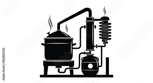 Moonshine still distillation apparatus black and white silhouette