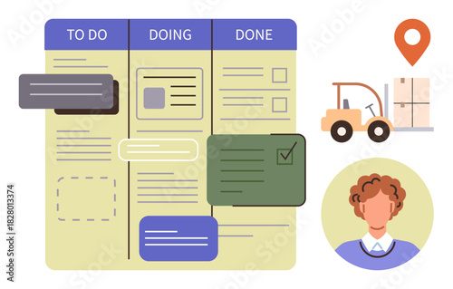 Agile board with To Do, Doing, Done columns, tasks, forklift moving a package, location pin, team member. Ideal for project management, workflow logistics teamwork productivity organization task