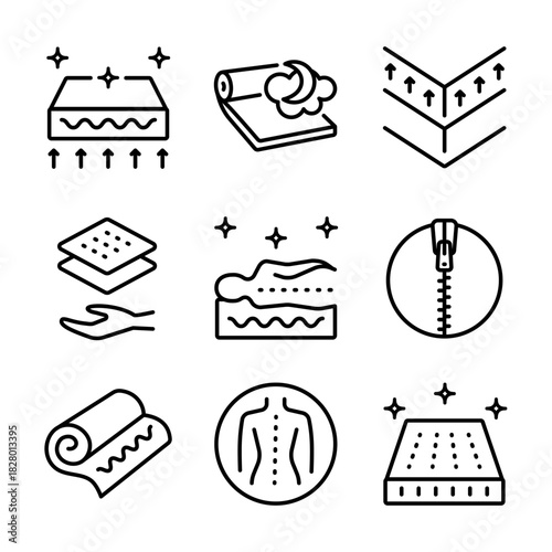 Mattress for sleeping outline icons set. Memory foam symbols shows different types of mattresses with features like breathability, firmness, and pressure relief.