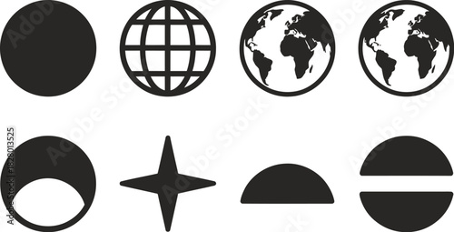 A diverse collection of eight universal icons representing celestial bodies, including the globe, earth, moon phases, and stars, for graphic design