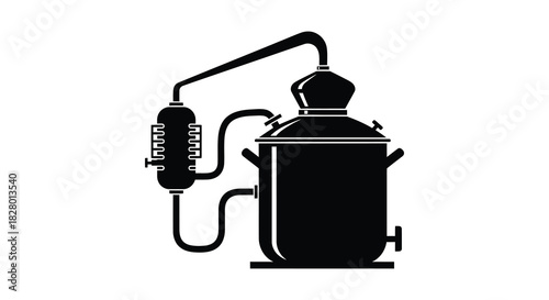 Copper alembic still illustration for distillation process in black silhouette