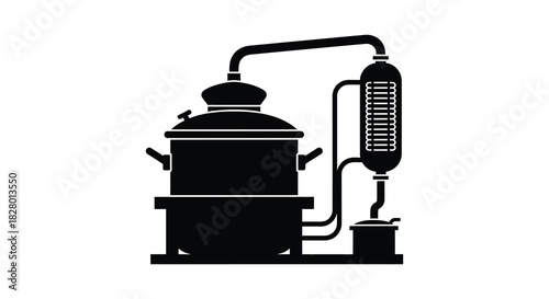 Moonshine still distillation apparatus black and white illustration silhouette