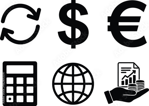 Essential financial vector icon set featuring dollar and euro currency symbols, global economy, calculator, investment growth, and business transaction cycle elements