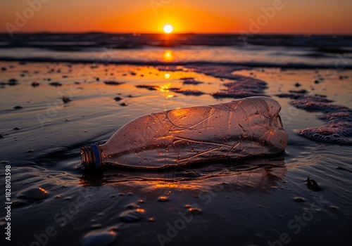 Crushed Plastic Bottle on Polluted Beach at Sunset, Sustainable Texture and Dirty Ecology Concept