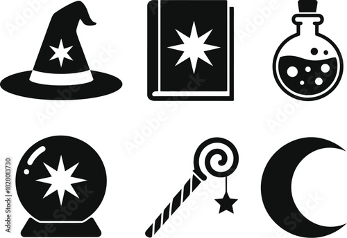 Magical Elements Collection Witch Hat, Spell Book, Potion, Crystal Ball, Wand, and Moon