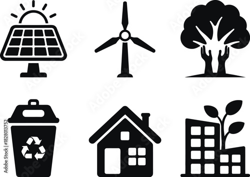 Collection of renewable energy and eco-friendly icons including solar panel, wind turbine, and recycling bin