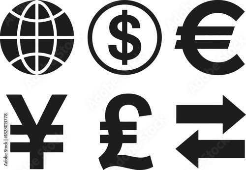 Global Finance Symbols Currency Exchange and Financial Transactions Icons for Digital Design