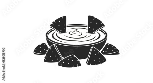 Chips and dip illustration with creamy sauce in a bowl silhouette