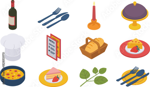 Isometric Restaurant Icons Set Food, Drinks, and Service Elements