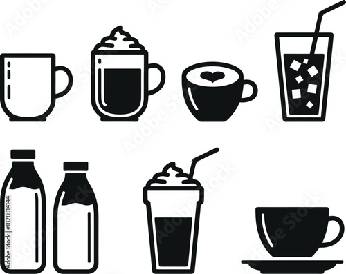 A diverse set of black glyph icons representing various cafe beverages, including coffee mugs, lattes with whipped cream, iced drinks, and milk bottles