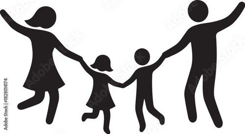 Black silhouette of happy family holding hands on white background, vector