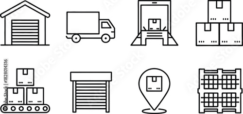Warehouse and logistics icons including delivery truck, conveyor belt, storage units, and shipping boxes for supply chain management