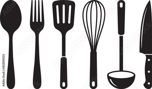 Black silhouette of kitchen utensils set on white background, vector