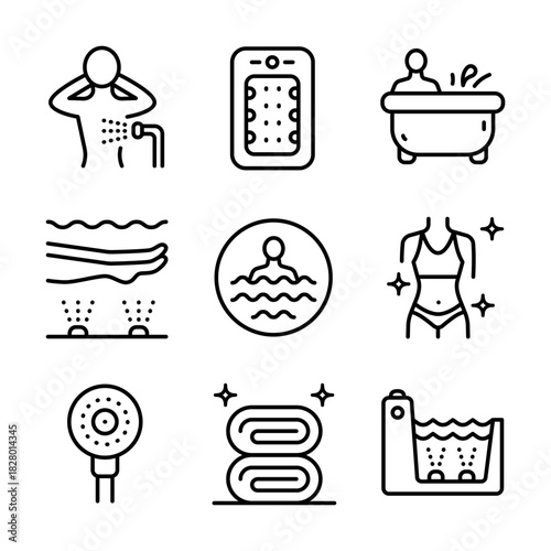 Hydro massage outline icons set. Spa aqua. Park bathing. Health care and medical vector symbols isolated on white background.