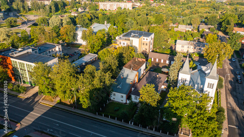 Rezekne, Latgale ,Latvija. Aerial photo from drone to of Rezekne city center at sunrise. (Series)