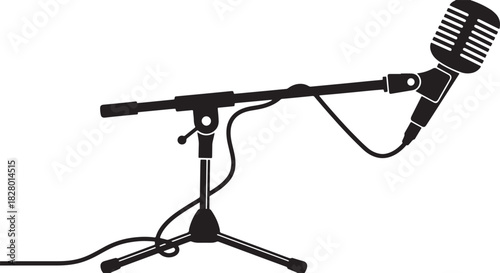 Black silhouette of microphone stand on white background, vector