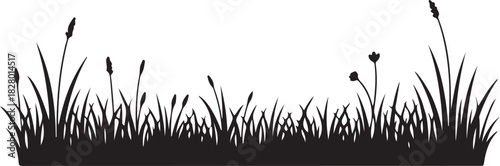 Black silhouette of minimal grass field on white background, vector art