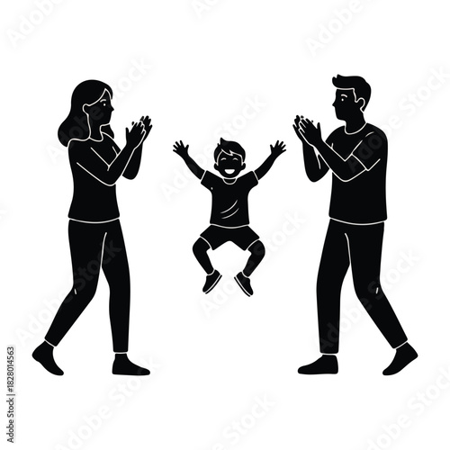 Joyful family illustration showing parents clapping for their energetic child jumping happily, symbolizing support, celebration, and playfulness.