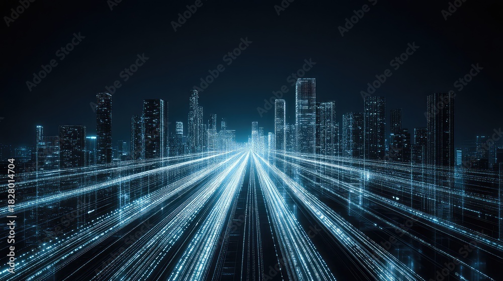 Fototapeta premium smart city at night viewed from a high-angle, with glowing lines of light representing data flow along the streets and between buildings, futuristic architecture, sleek and clean, long exposure. 