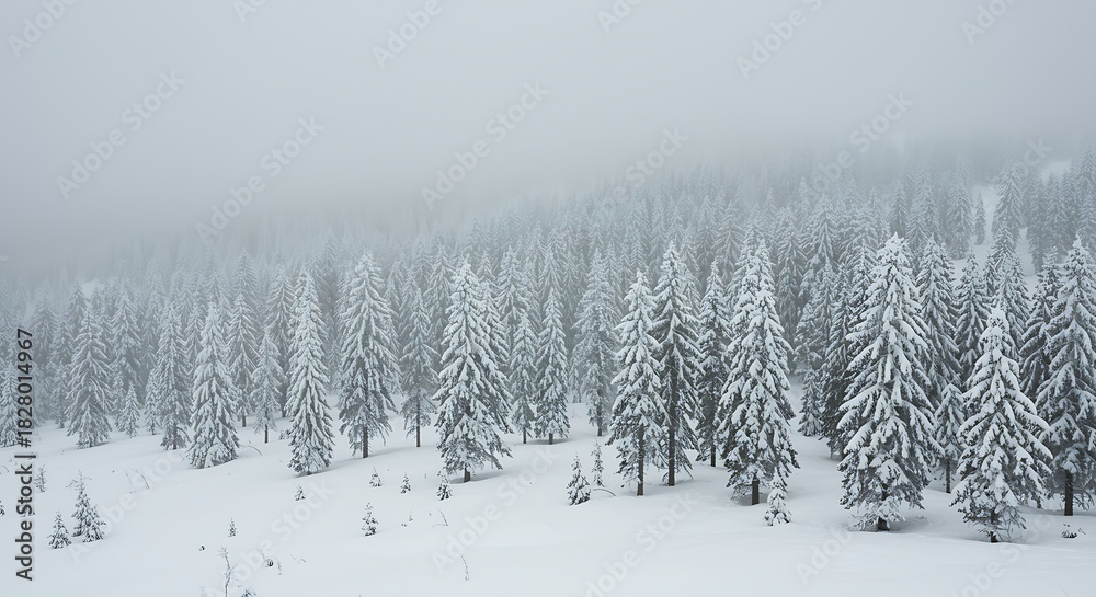 Naklejka premium Winter wonderland forest landscape with snow covered pine trees panorama