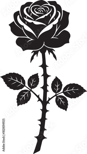 Black silhouette of rose flower with thorns on white background, vector