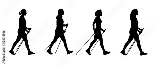 Set of four nordic walking woman silhouette vector illustration