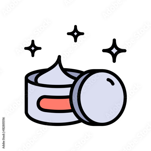 Open jar of cream. Cosmetics container. Skin care body and face skin, moisturizer cream, lotion. Natural organic cosmetics, skin care. Vector isolated color icon.