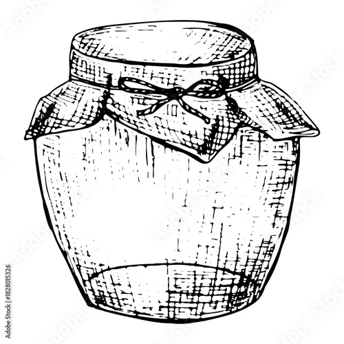 Honey or jam glass jar sketch. Hand drawn vector illustration isolated. Jar vintage icon for label, food background. Sketch of honey or jam berry pot.