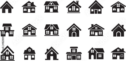 Collection of simple black house icons with various architectural styles home building