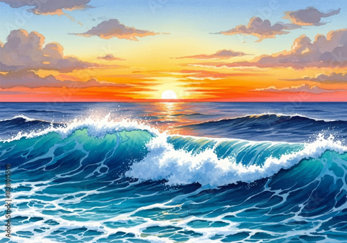 Vibrant watercolor depiction of a magnificent ocean sunset with powerful crashing waves