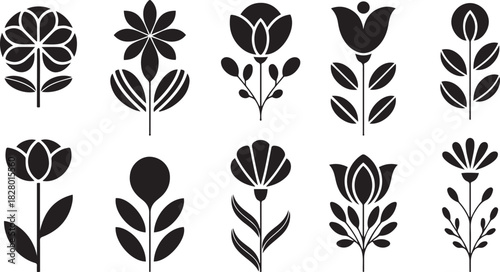 Ten stylized black floral and botanical icons on white background flower tulip