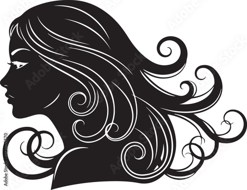 Stylized black silhouette profile of a woman with flowing curly hair Keywords: woman, female, profile