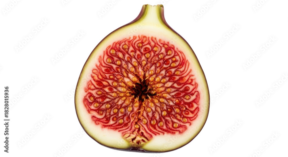 Naklejka premium Half fig fruit isolated PNG, cross section showing seeds and pulp, healthy eating ingredient on transparent background