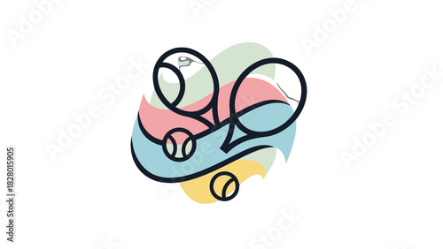 Artistic illustration featuring tennis rackets, tennis balls, and abstract colorful shapes.