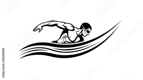 Monochrome vector illustration of a muscular male swimmer gliding through stylized waves.
