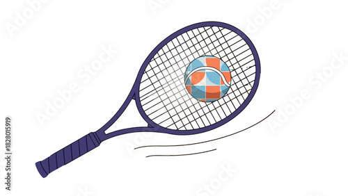 A tennis racket is about to hit a colorful ball, with motion lines indicating movement.